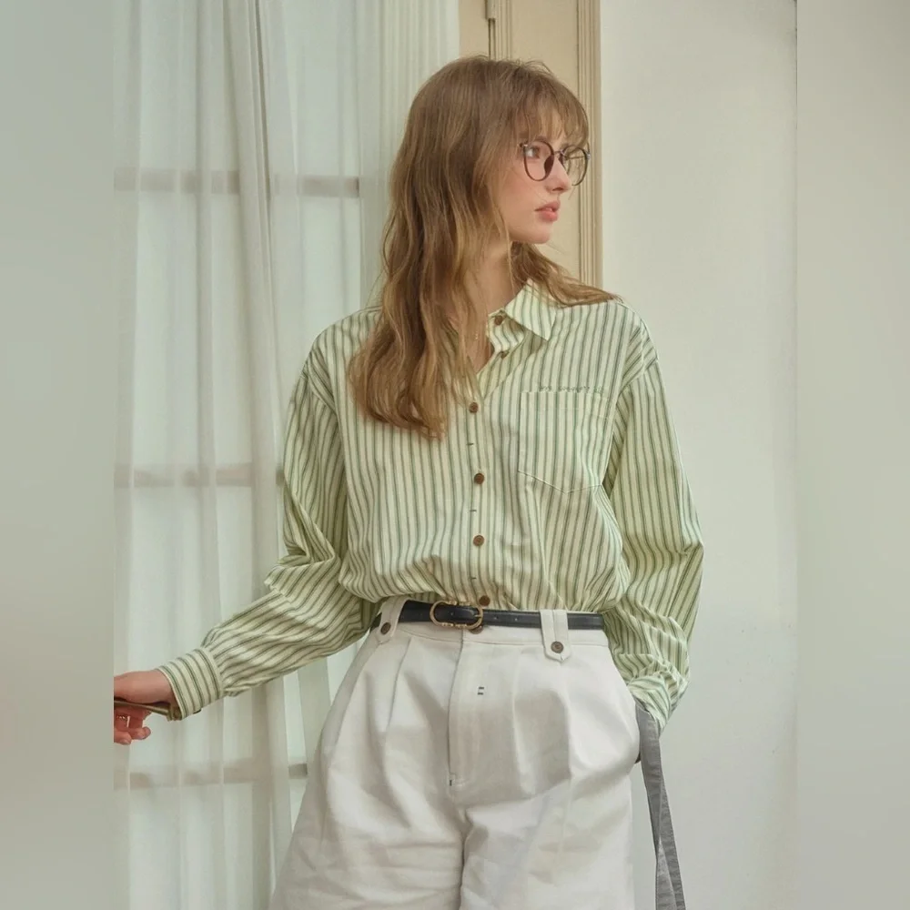 Retro style white and green striped shirt NWT - Picture 3 of 9